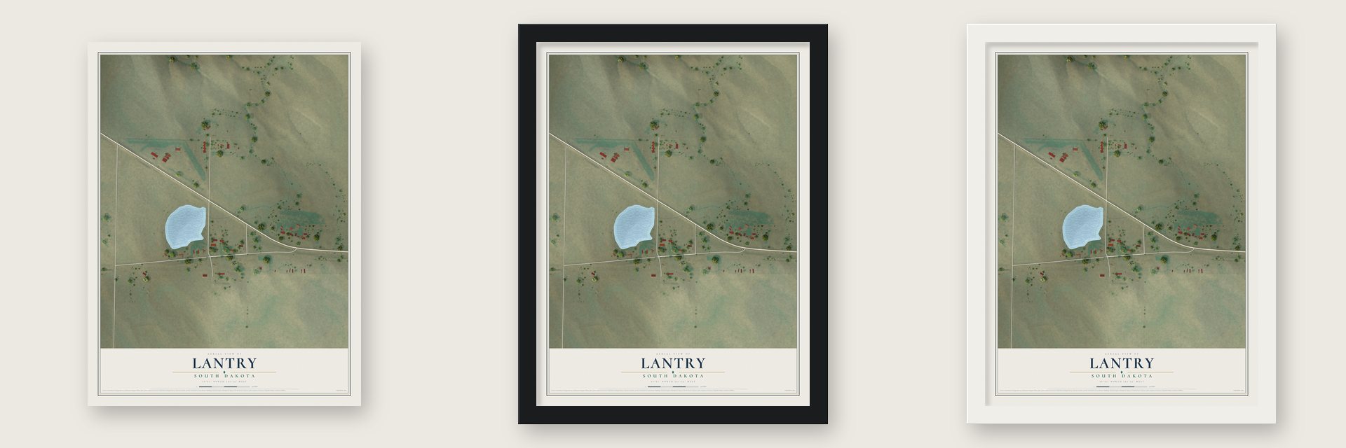 Lantry, South Dakota map unframed, in a black wood frame and in a white wood frame