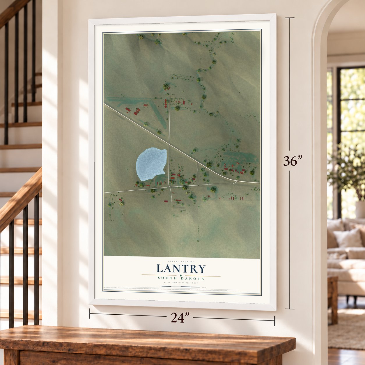Lantry, South Dakota map, 24 x 36 inch print in a white frame by a staircase
