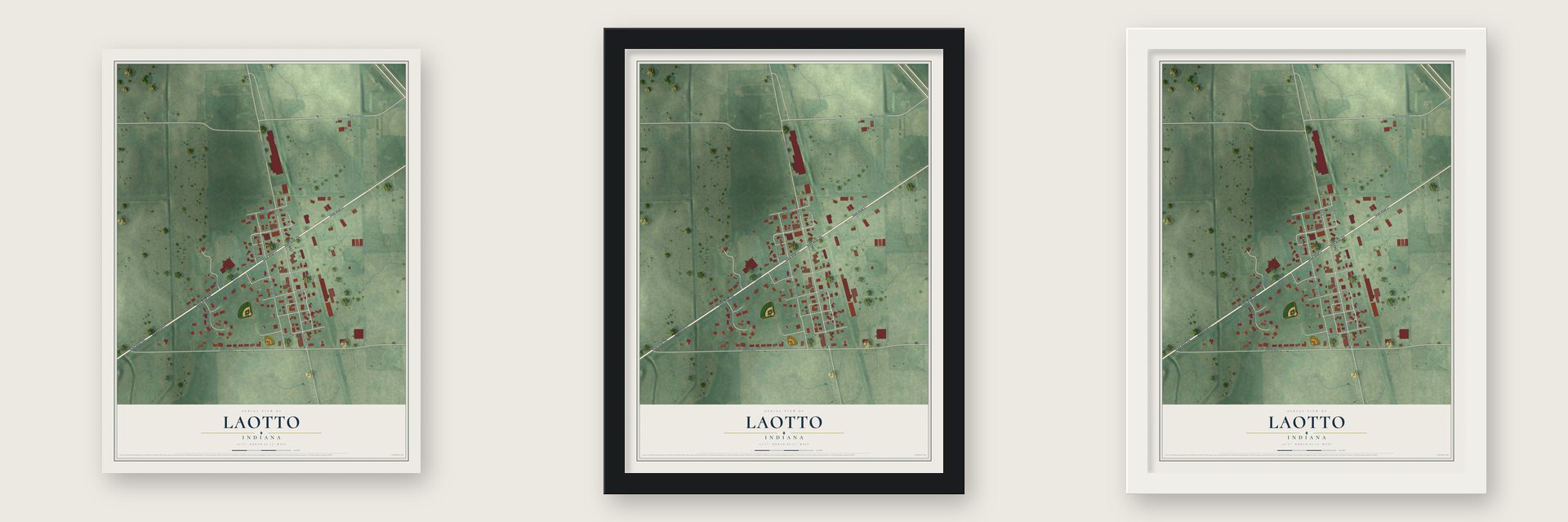 Laotto, Indiana map unframed, in a black wood frame and in a white wood frame