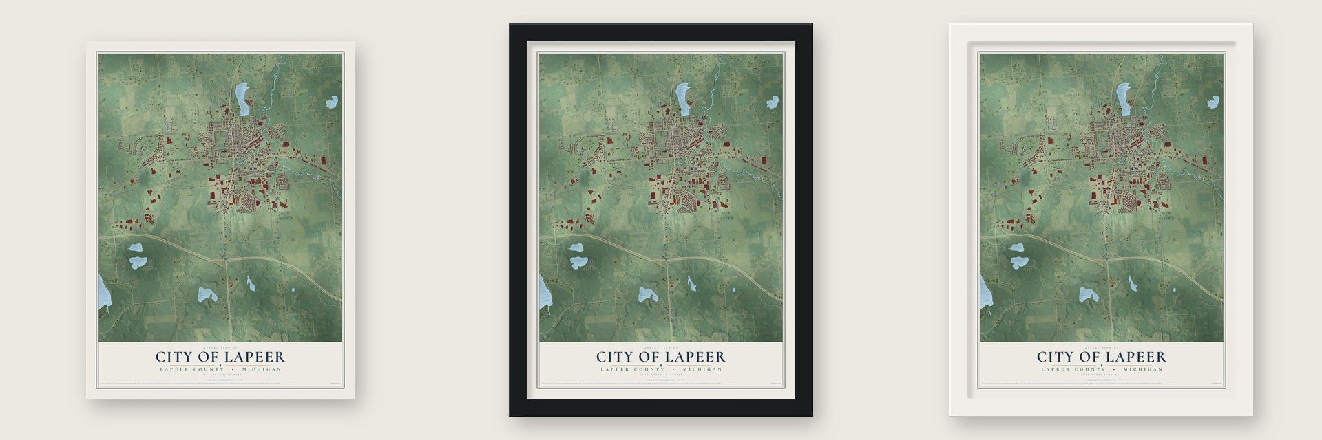 Lapeer, Michigan map unframed, in a black wood frame and in a white wood frame