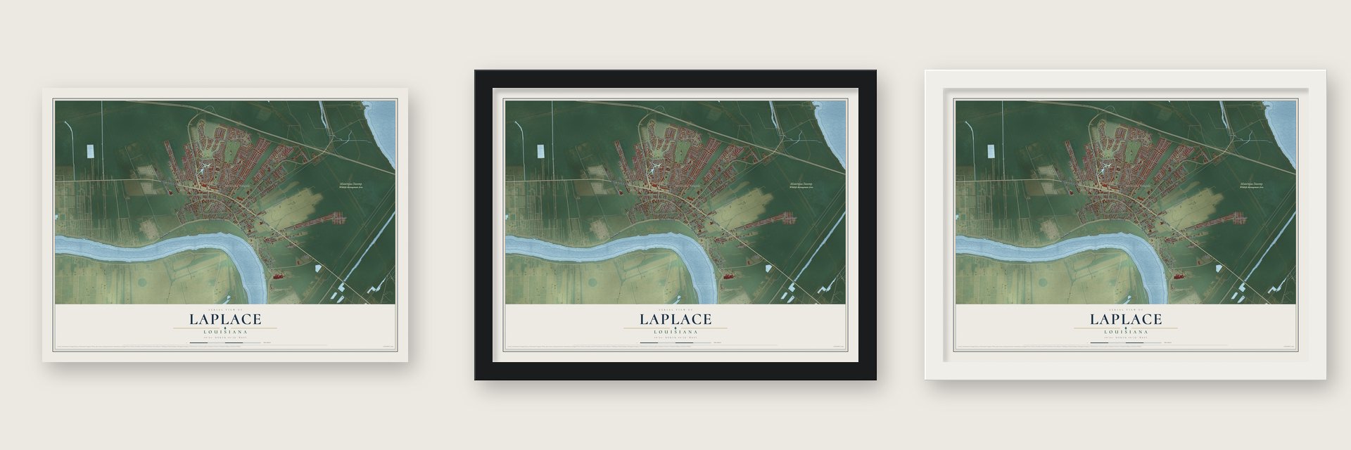 Laplace, Louisiana map unframed, in a black wood frame and in a white wood frame