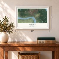 Laplace, Louisiana map, 12 x 18 inch print in a white frame in an entryway
