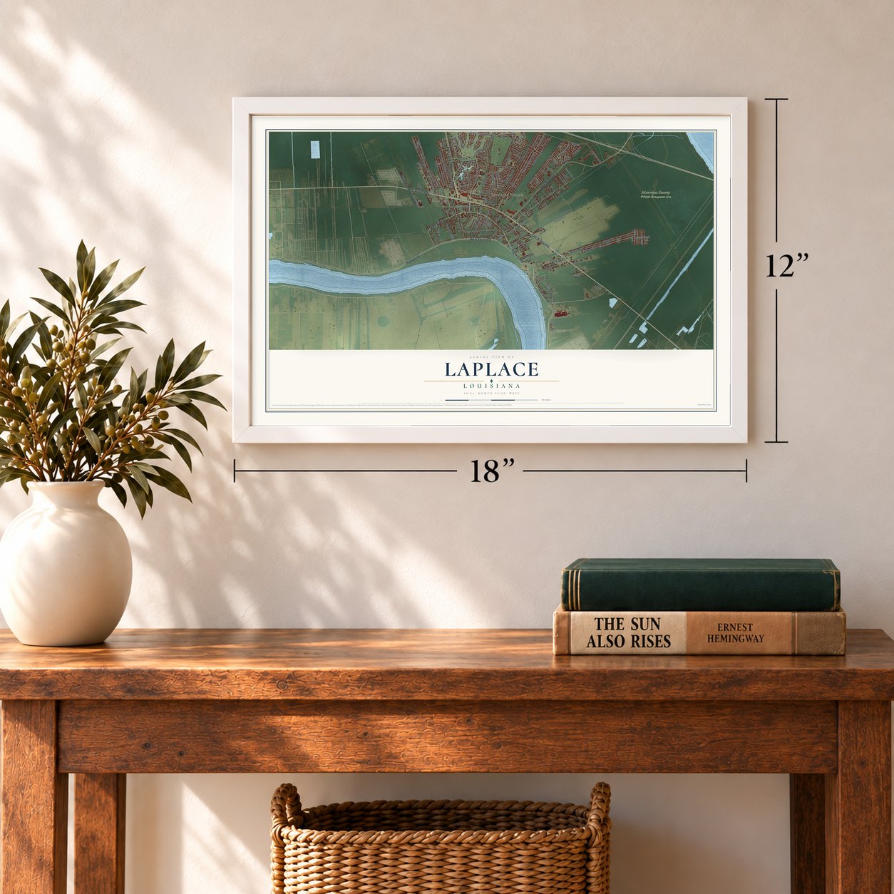 Laplace, Louisiana map, 12 x 18 inch print in a white frame in an entryway