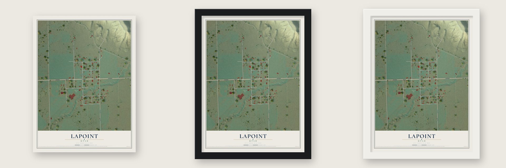 Lapoint, Utah map unframed, in a black wood frame and in a white wood frame