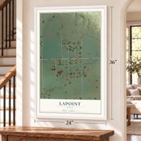 Lapoint, Utah map, 24 x 36 inch print in a white frame by a staircase