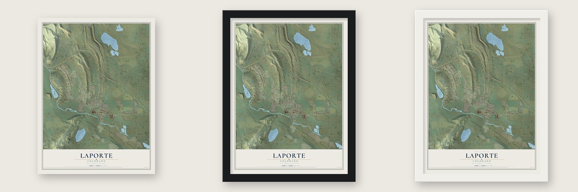 Laporte, Colorado map unframed, in a black wood frame and in a white wood frame