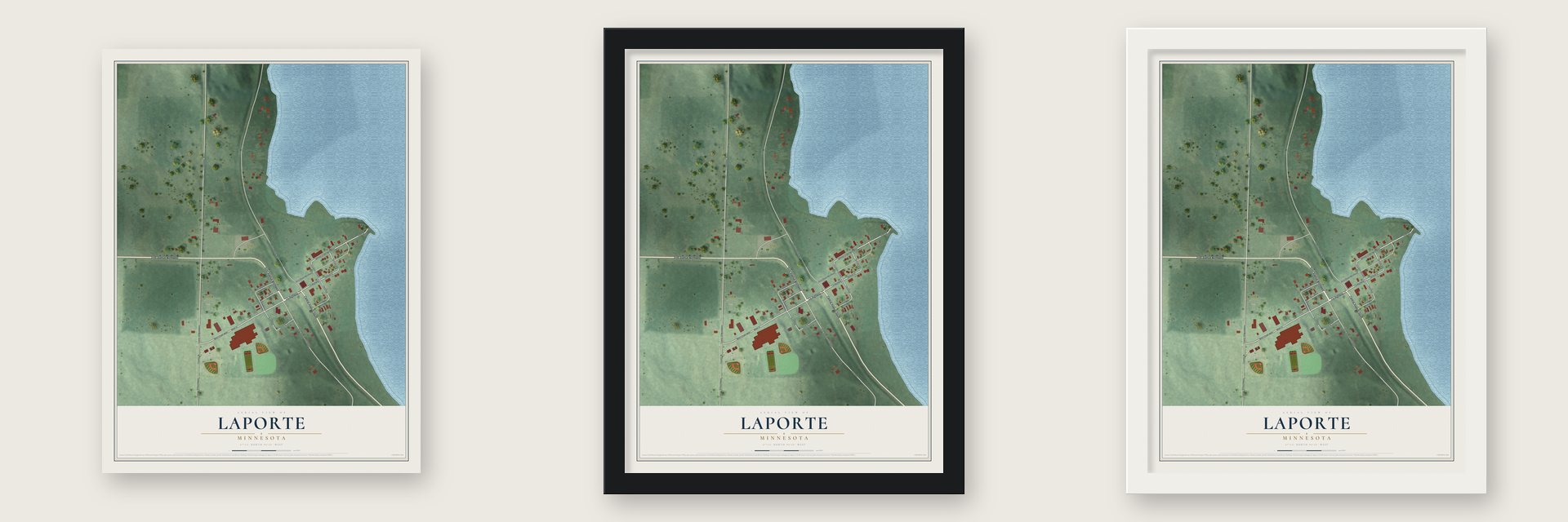 Laporte, Minnesota map unframed, in a black wood frame and in a white wood frame