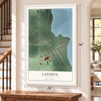 Laporte, Minnesota map, 24 x 36 inch print in a white frame by a staircase