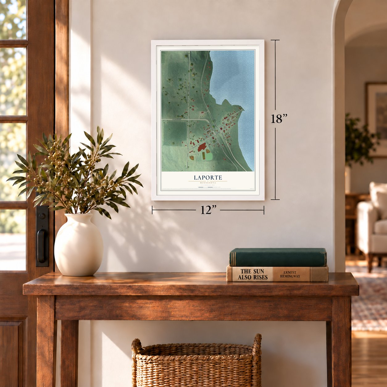 Laporte, Minnesota map, 12 x 18 inch print in a white frame in an entryway