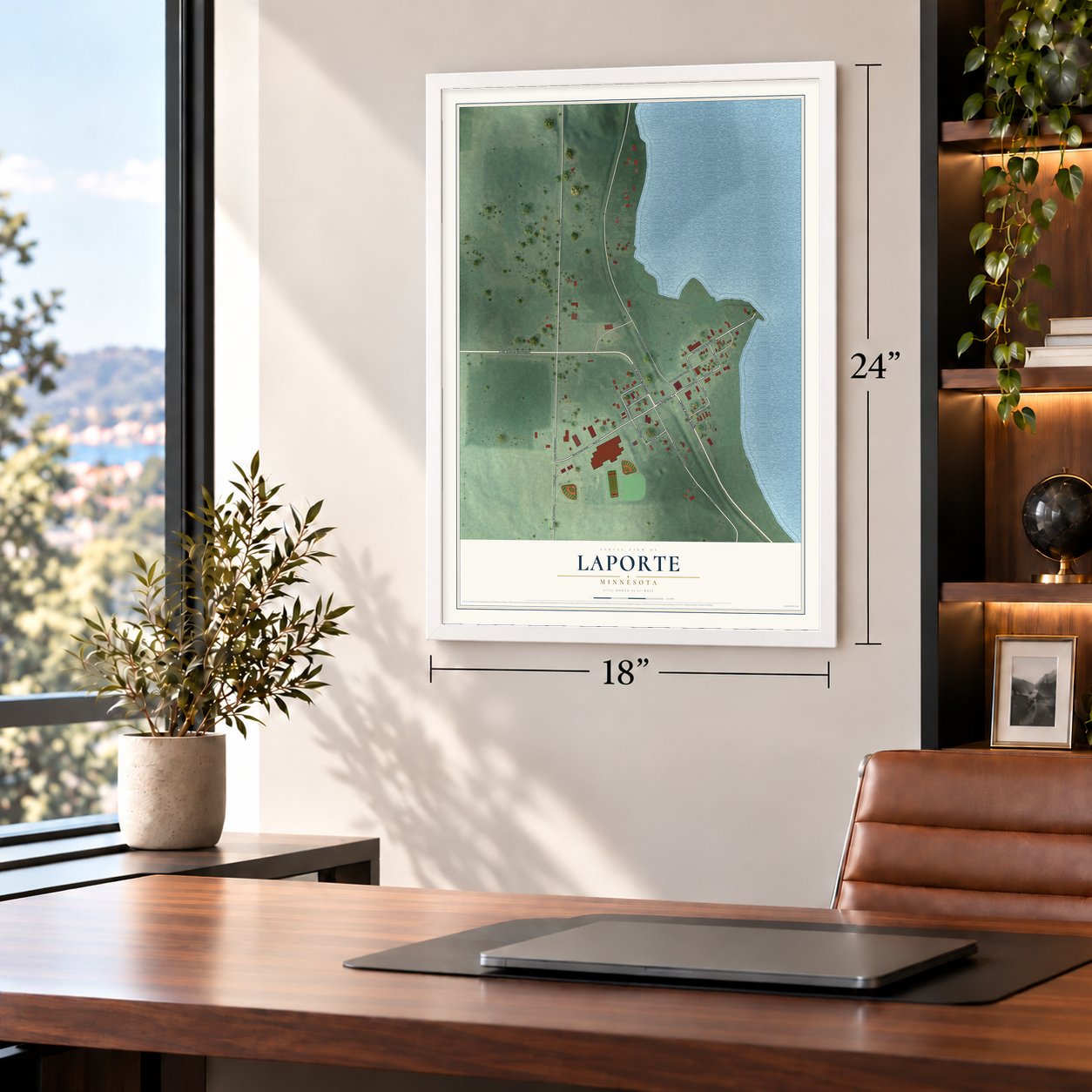 Laporte, Minnesota map, 18 x 24 inch print in a white frame in a home office