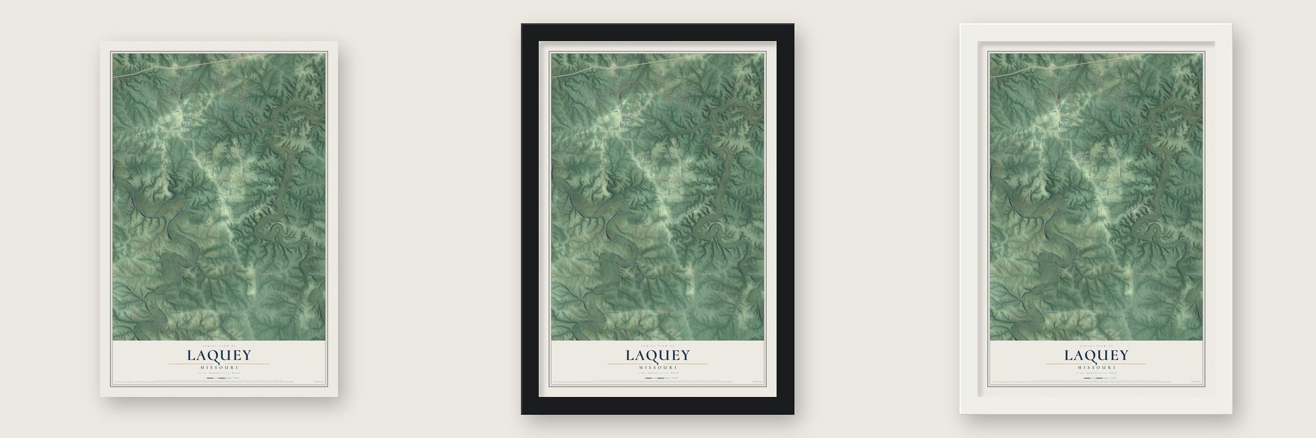 Laquey, Missouri map unframed, in a black wood frame and in a white wood frame