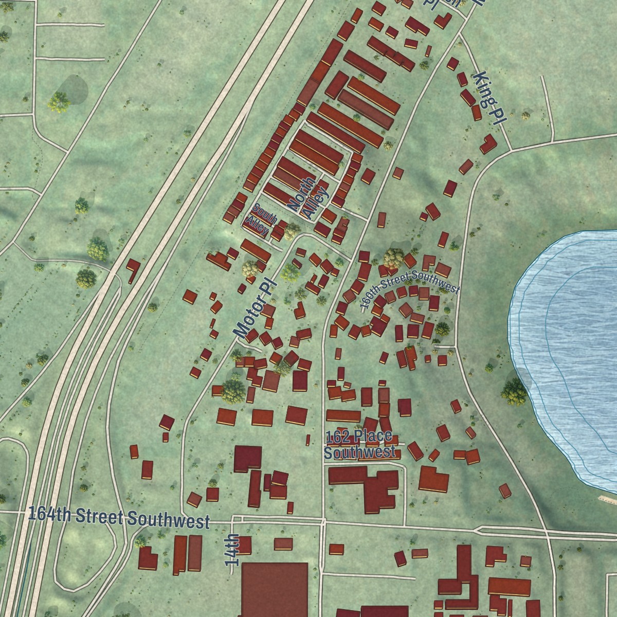 Second close-up of the map of Larch Way, Washington print showing more streets and buildings