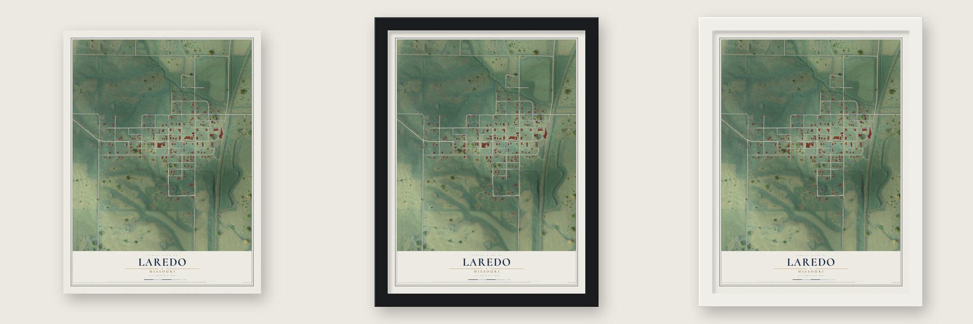 Laredo, Missouri map unframed, in a black wood frame and in a white wood frame
