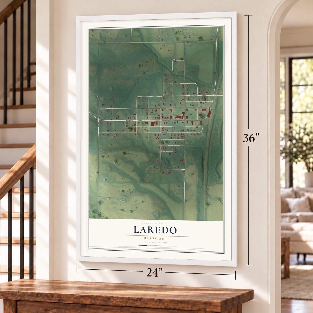 Laredo, Missouri map, 24 x 36 inch print in a white frame by a staircase