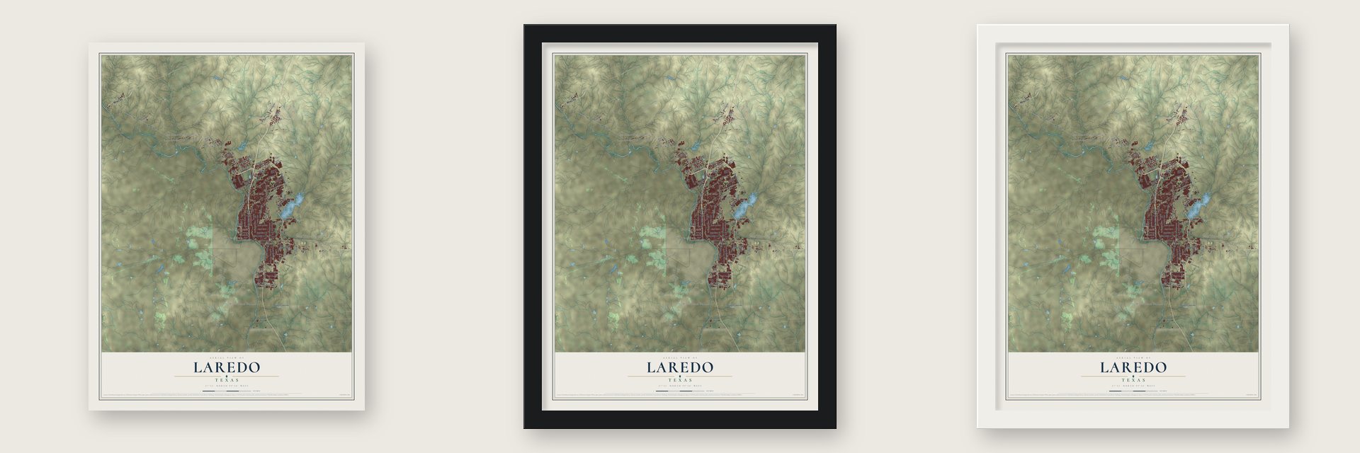 Laredo, Texas map unframed, in a black wood frame and in a white wood frame