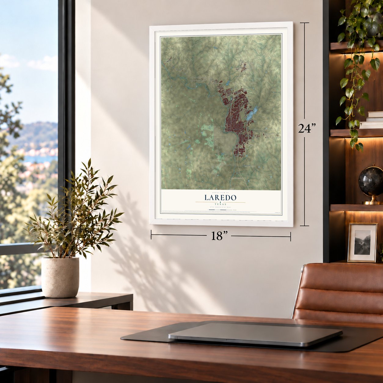 Laredo, Texas map, 18 x 24 inch print in a white frame in a home office