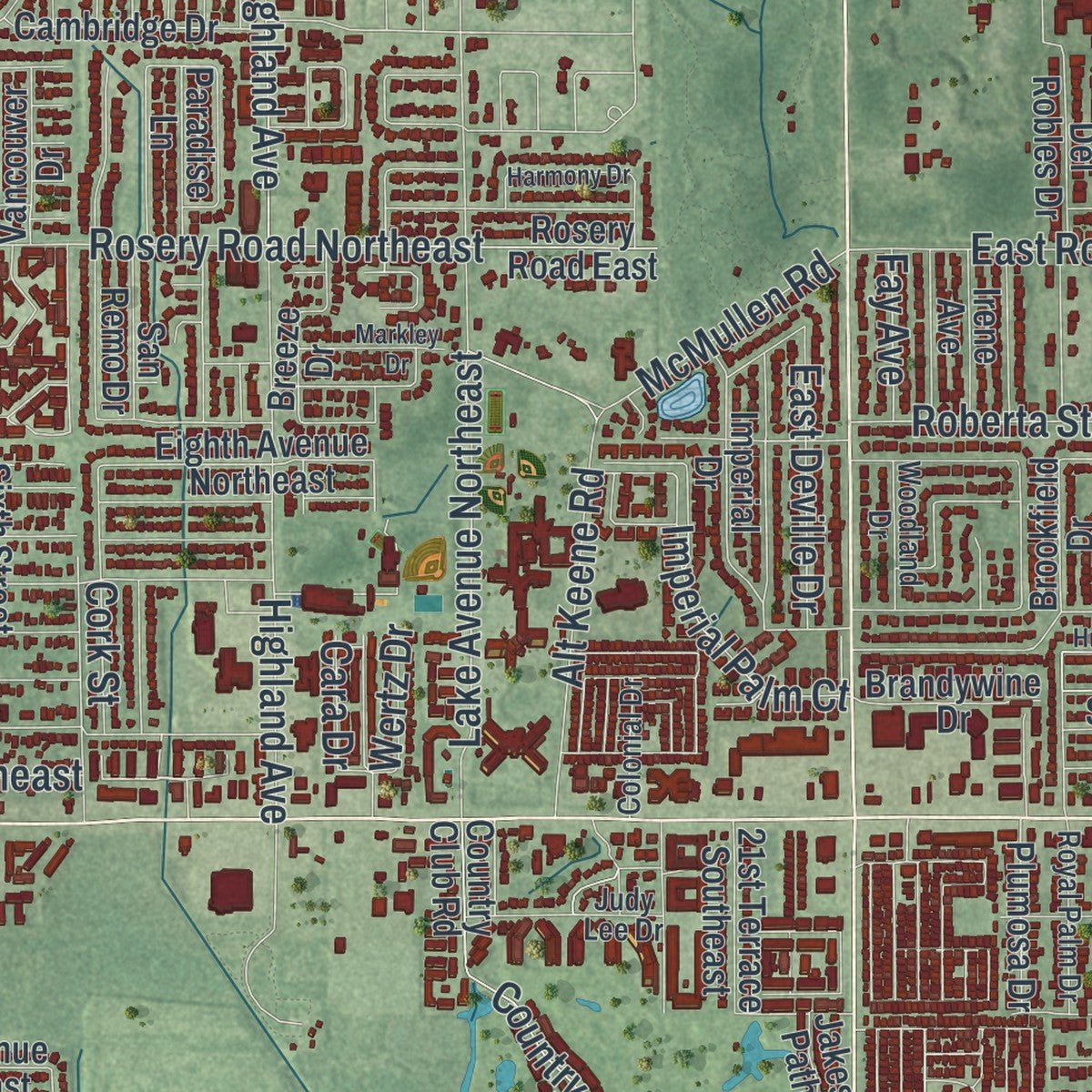 Second close-up of the map of Largo, Florida print showing more streets and buildings