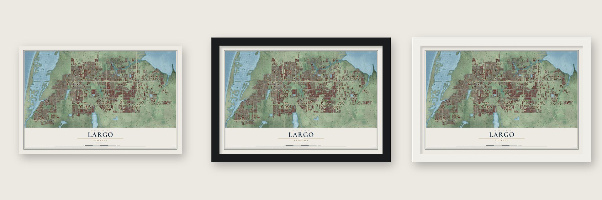 Largo, Florida map unframed, in a black wood frame and in a white wood frame