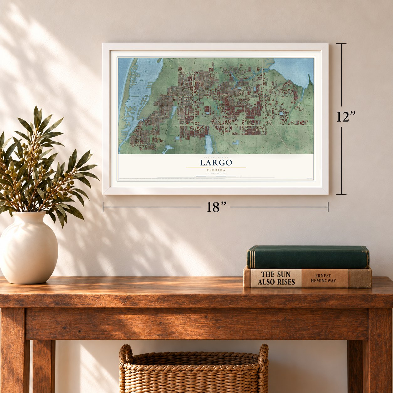 Largo, Florida map, 12 x 18 inch print in a white frame in an entryway