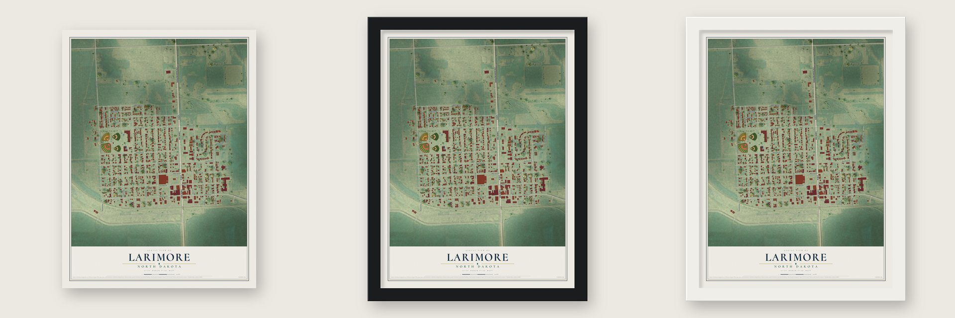 Larimore, North Dakota map unframed, in a black wood frame and in a white wood frame