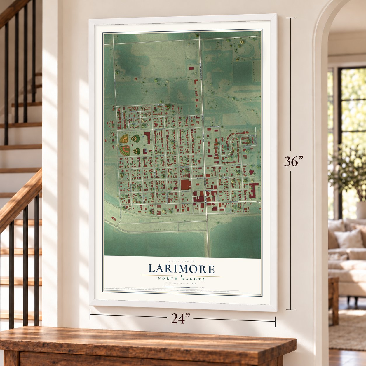 Larimore, North Dakota map, 24 x 36 inch print in a white frame by a staircase