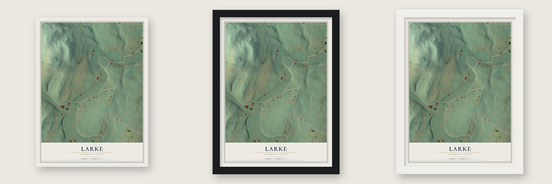 Larke, Pennsylvania map unframed, in a black wood frame and in a white wood frame