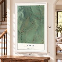 Larke, Pennsylvania map, 24 x 36 inch print in a white frame by a staircase