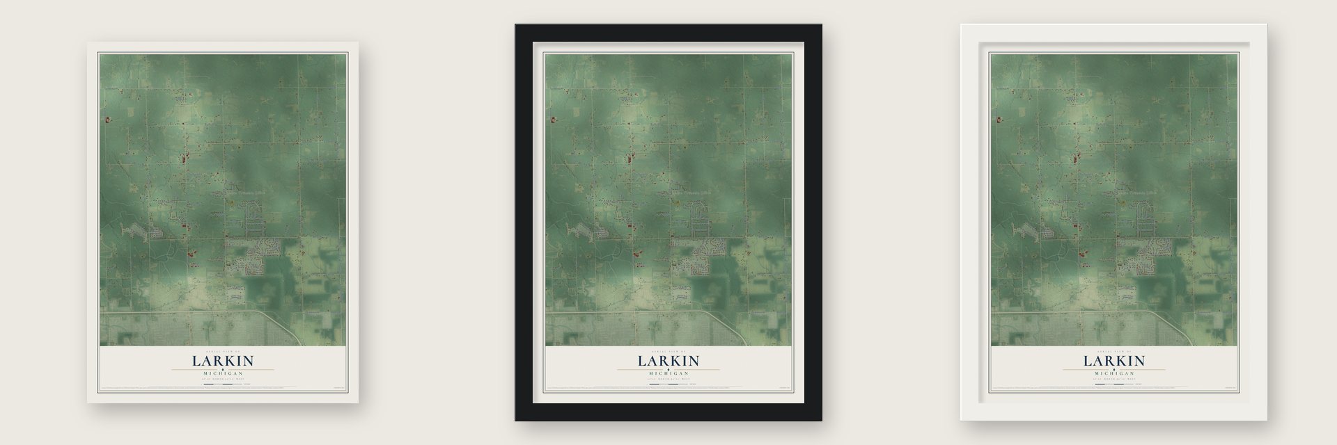 Larkin, Michigan map unframed, in a black wood frame and in a white wood frame