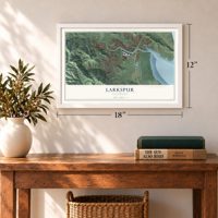 Larkspur, California map, 12 x 18 inch print in a white frame in an entryway