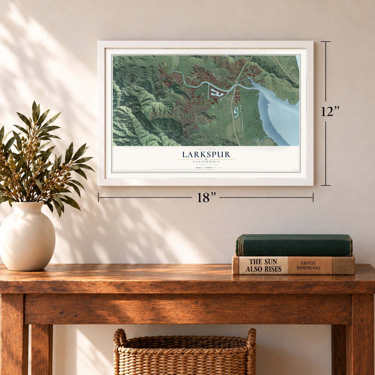 Larkspur, California map, 12 x 18 inch print in a white frame in an entryway