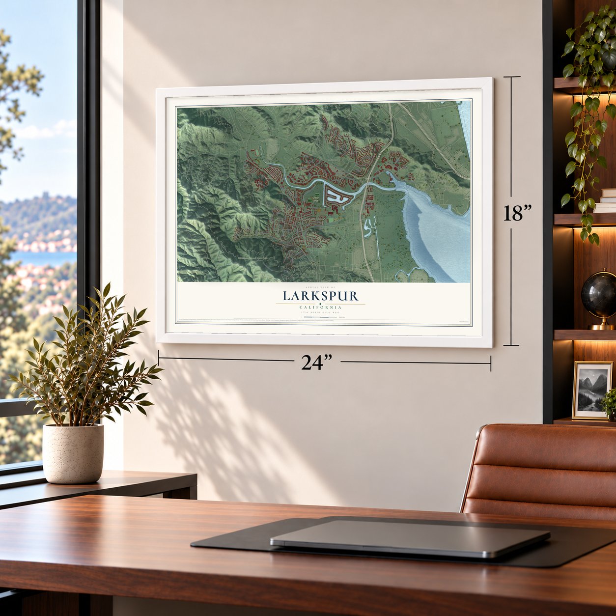 Larkspur, California map, 18 x 24 inch print in a white frame in a home office