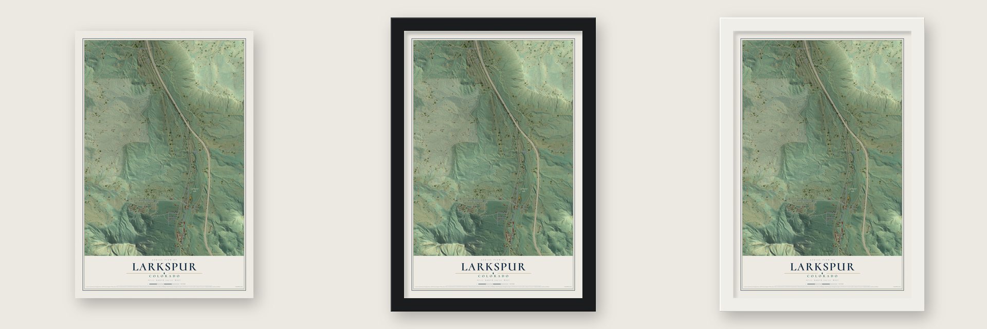 Larkspur, Colorado map unframed, in a black wood frame and in a white wood frame