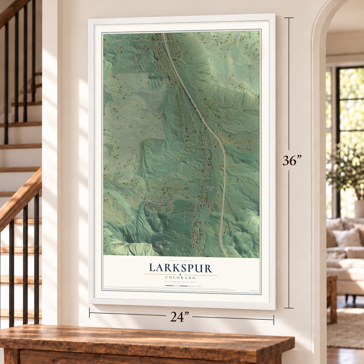 Larkspur, Colorado map, 24 x 36 inch print in a white frame by a staircase