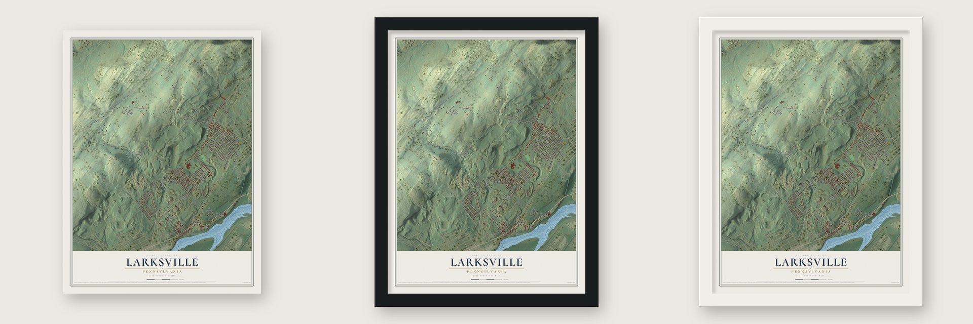 Larksville, Pennsylvania map unframed, in a black wood frame and in a white wood frame