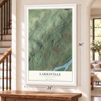 Larksville, Pennsylvania map, 24 x 36 inch print in a white frame by a staircase