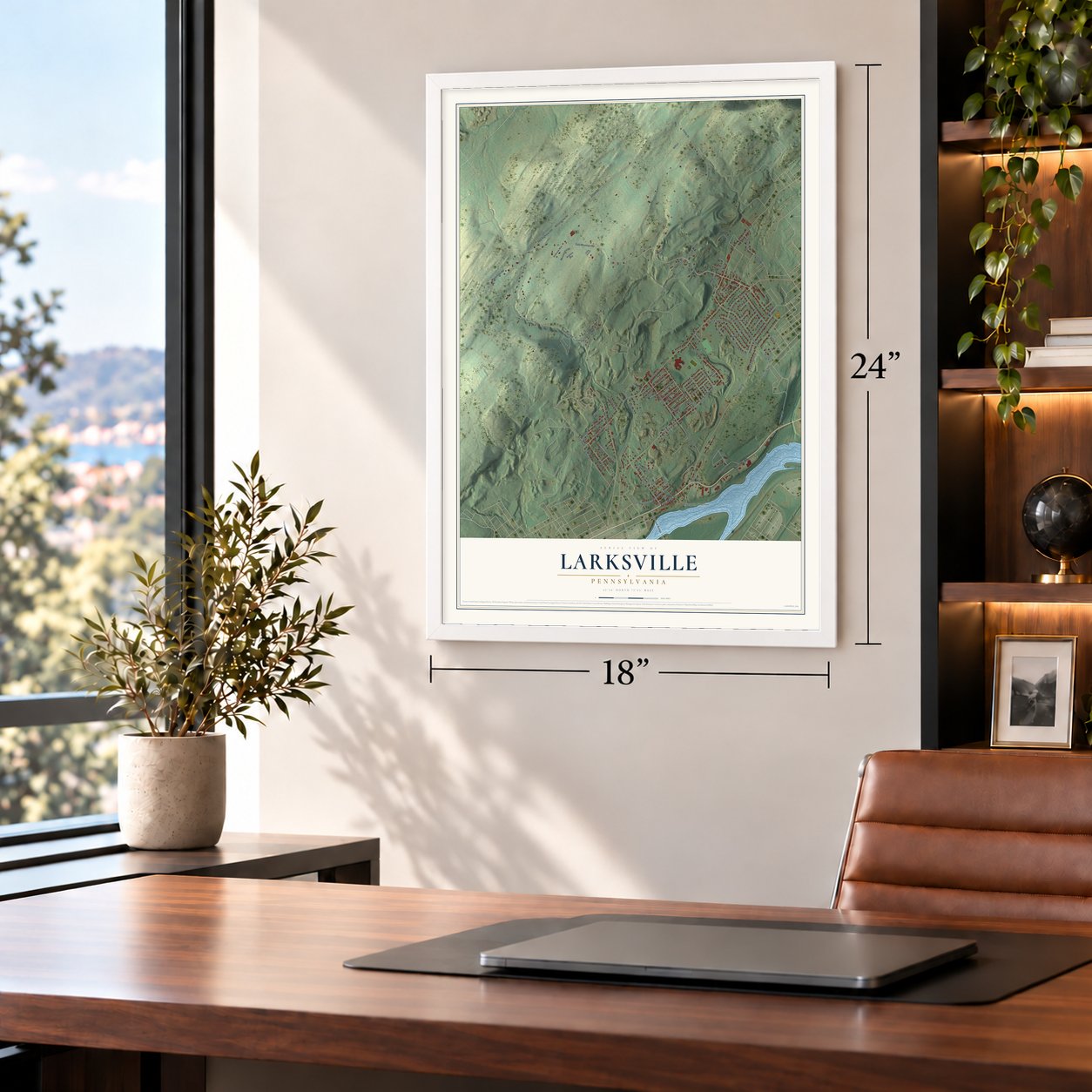 Larksville, Pennsylvania map, 18 x 24 inch print in a white frame in a home office
