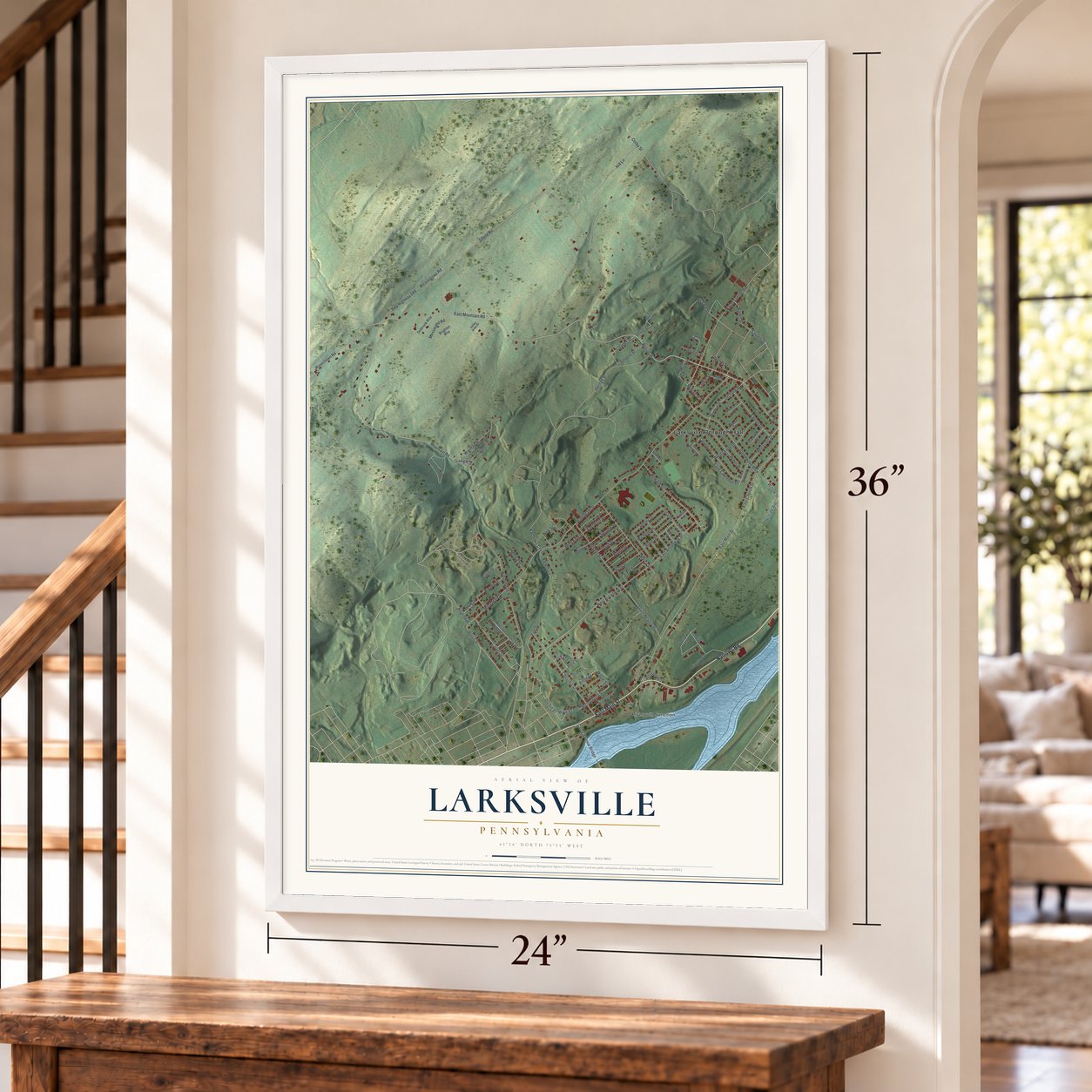 Larksville, Pennsylvania map, 24 x 36 inch print in a white frame by a staircase