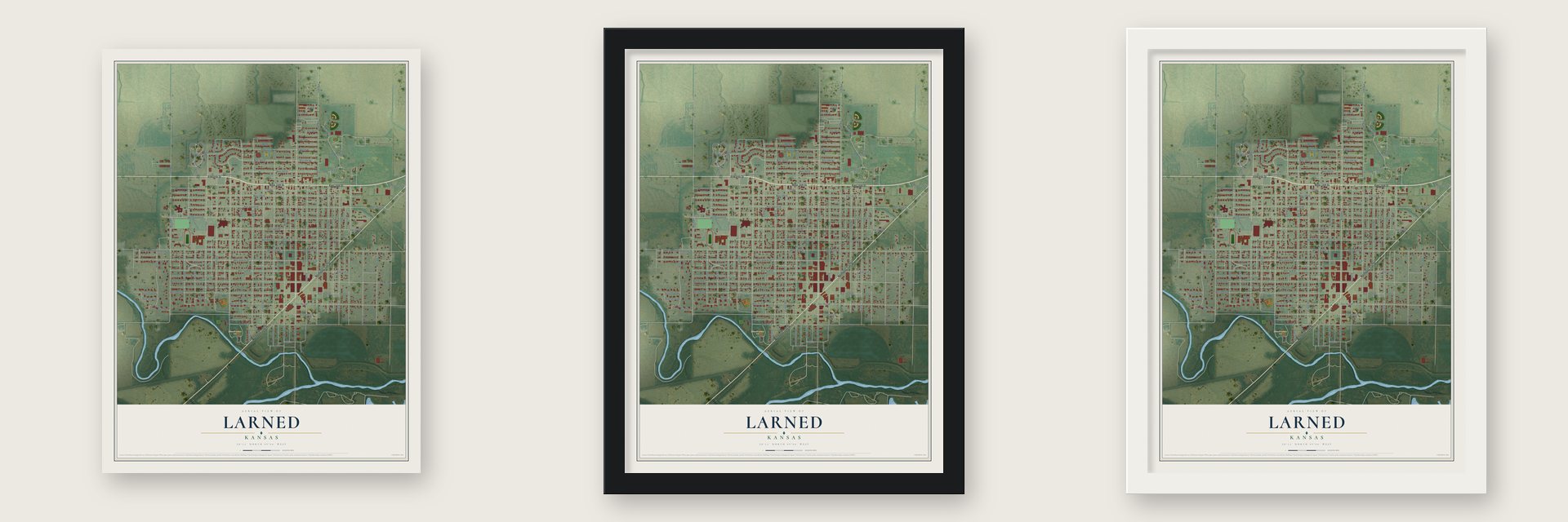 Larned, Kansas map unframed, in a black wood frame and in a white wood frame
