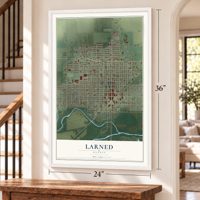 Larned, Kansas map, 24 x 36 inch print in a white frame by a staircase