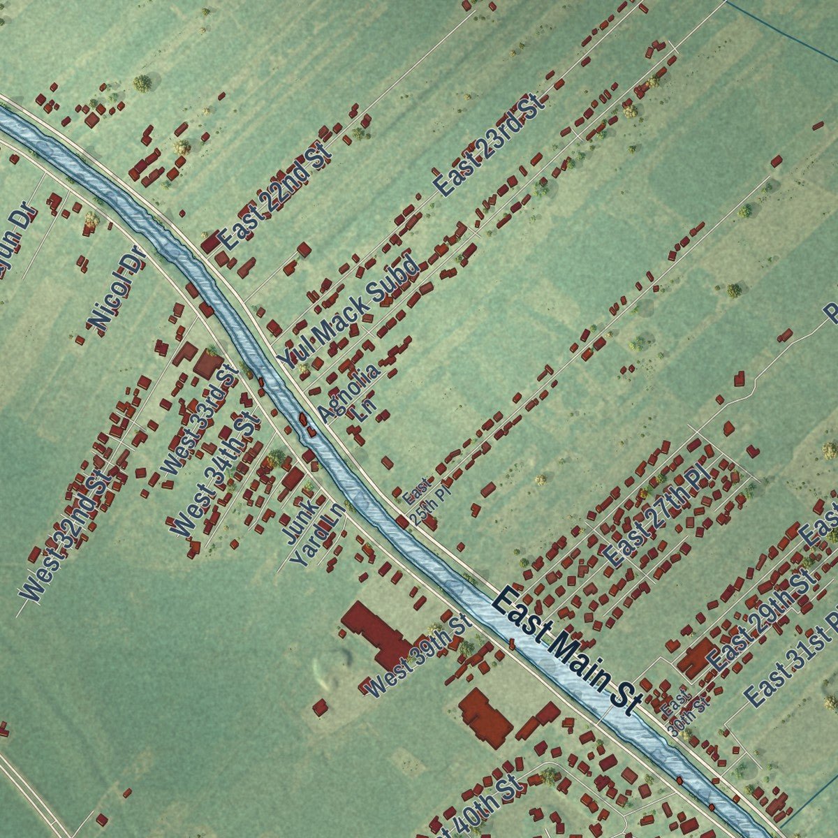 Second close-up of the map of Larose, Louisiana print showing more streets and buildings