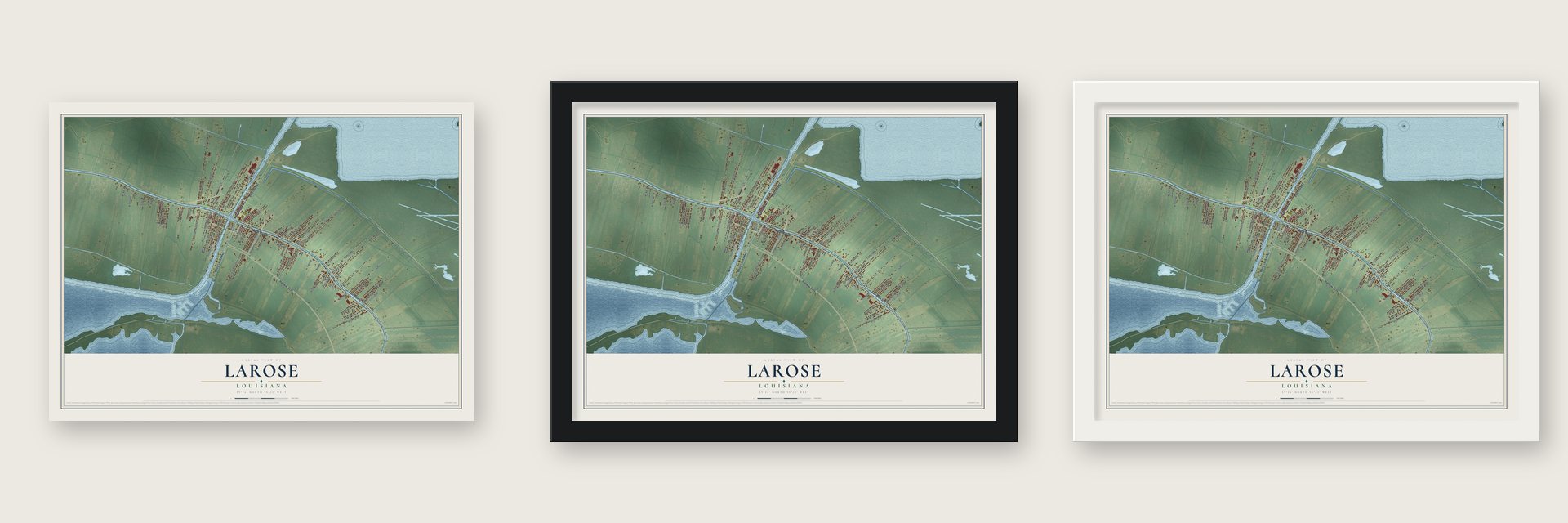 Larose, Louisiana map unframed, in a black wood frame and in a white wood frame