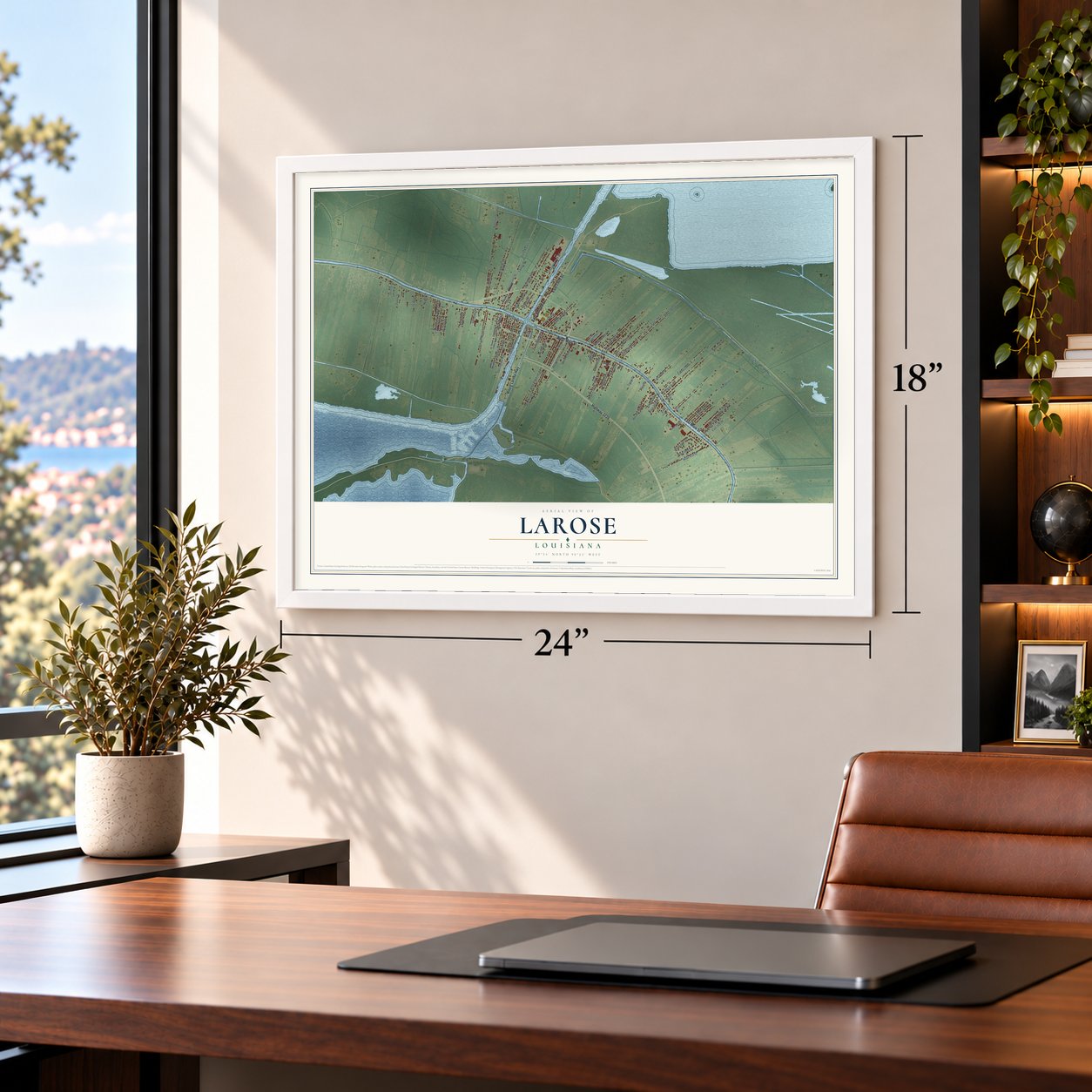 Larose, Louisiana map, 18 x 24 inch print in a white frame in a home office