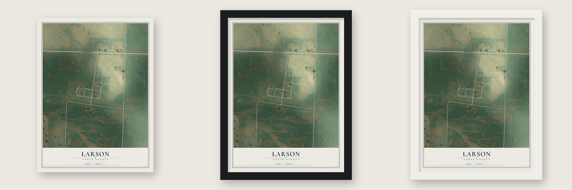 Larson, North Dakota map unframed, in a black wood frame and in a white wood frame