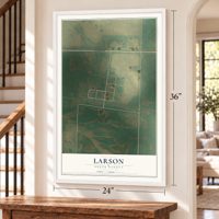 Larson, North Dakota map, 24 x 36 inch print in a white frame by a staircase