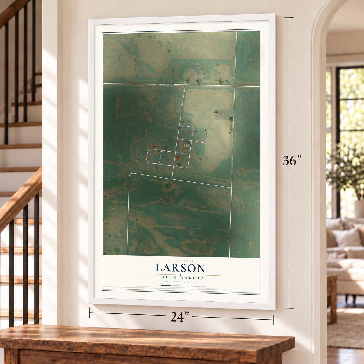 Larson, North Dakota map, 24 x 36 inch print in a white frame by a staircase