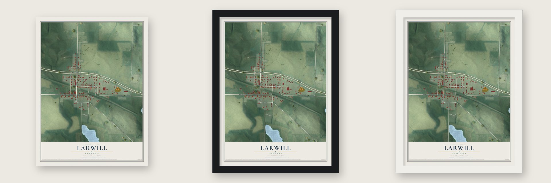 Larwill, Indiana map unframed, in a black wood frame and in a white wood frame