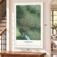 Larwill, Indiana map, 24 x 36 inch print in a white frame by a staircase