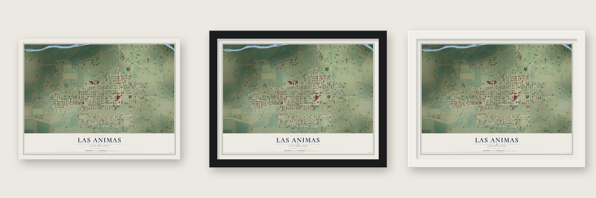 Las Animas, Colorado map unframed, in a black wood frame and in a white wood frame