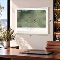 Las Animas, Colorado map, 18 x 24 inch print in a white frame in a home office