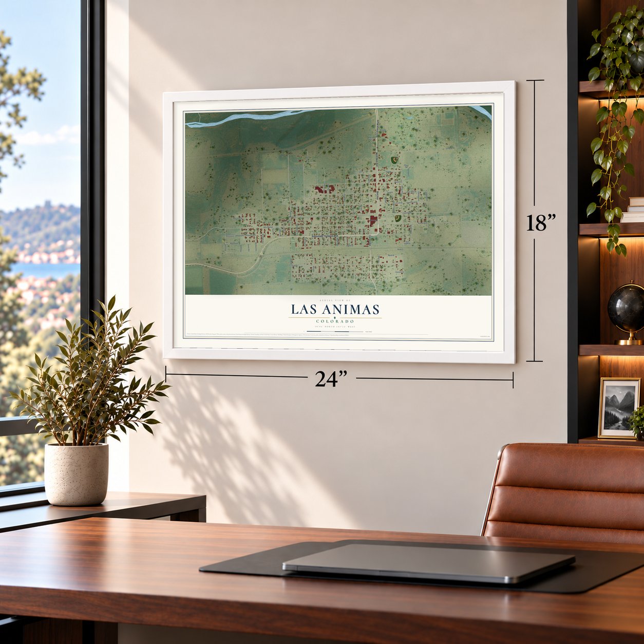 Las Animas, Colorado map, 18 x 24 inch print in a white frame in a home office